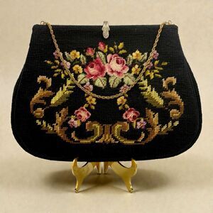 Tapestry Needle Point Purse Gold Tone Rose Pattern Chain Handle Marcasite Clasp